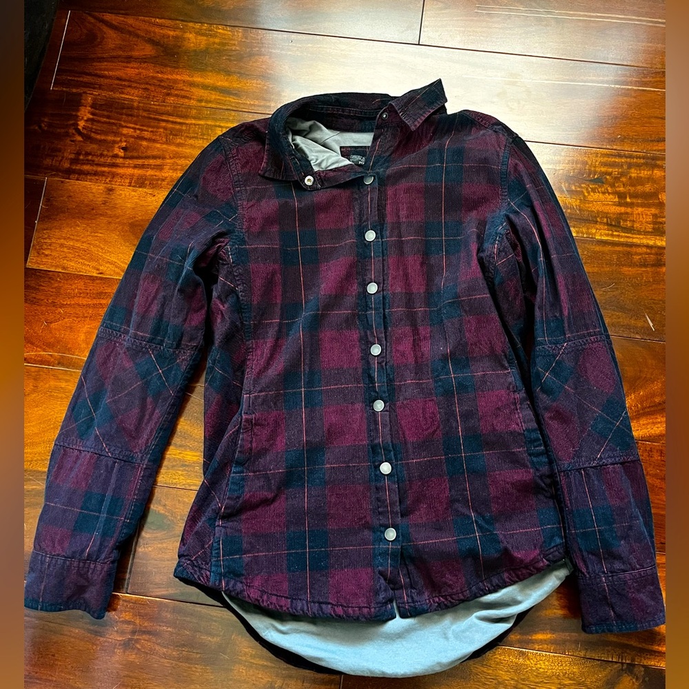 Prana Porter Park shirt, size medium, blue/burgundy flannel pattern